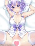  1boy 1girl armpits arms_behind_head arms_up babydoll bare_shoulders blush bottomless breasts censored d-pad d-pad_hair_ornament gabriel_evangel hair_ornament heart heart_censor highres implied_sex legs_up looking_at_viewer lying missionary navel neptune_(neptune_series) neptune_(series) no_panties on_back on_bed open_mouth purple_eyes purple_hair short_hair skindentation small_breasts solo_focus spread_legs thighhighs white_legwear 
