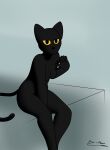  anthro bare_breasts bare_legs bare_shoulders bare_thighs black_body black_fur black_nipples bottomless breasts clothed clothing domestic_cat felid feline felis female fur glare google google_doodle hand_between_legs hi_res how-about leaning leaning_forward looking_at_viewer magic_cat_academy mammal midriff momo_(google) nipples nude simple_background solo yellow_eyes yellow_sclera 