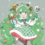  1girl :d ahoge black_legwear blush bow bowtie candy candy_cane capelet christmas_ornaments commentary cowboy_shot dress earmuffs eighth_note food frilled_dress frills fur-trimmed_capelet fur-trimmed_dress fur-trimmed_footwear fur-trimmed_hairband fur_trim gift green_background green_bow green_bowtie green_capelet green_dress green_eyes green_theme hairband hatsune_miku holding holding_candy holding_candy_cane holding_food holding_gift horse leg_up long_hair looking_at_viewer merry_christmas musical_note najo open_mouth plaid plaid_dress pocket smile snowflakes snowman solo standing standing_on_one_leg twintails very_long_hair vocaloid 