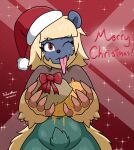  anthro arzuros blonde_hair blue_body blue_skin bow capcom christmas christmas_clothing christmas_headwear clothing female food fur green_body green_fur hair hat headgear headwear hi_res hive holidays honey_(food) honeycomb long_tongue looking_at_viewer mammal monster monster_hunter navel one_eye_closed primatius red_body red_eyes red_skin ribbons round_ears santa_hat signature simple_background solo spikes text theidiotmuffin tongue tongue_out tufted_fur ursid video_games wink 