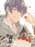  1boy bangs cake food food_on_face fruit grey_jacket grin hair_between_eyes highres holding holding_food jacket jiukuzi18797 looking_at_viewer marius_von_hagen_(tears_of_themis) open_mouth petals polo_shirt purple_eyes purple_hair shirt short_hair simple_background smile solo strawberry tears_of_themis teeth white_background white_shirt 