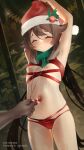  1girl ak4ci armpits arms_up bikini blush breasts brown_hair candy candy_cane clenched_teeth closed_eyes food genshin_impact green_scarf hat highres hu_tao_(genshin_impact) looking_at_viewer navel navel_insertion red_bikini red_headwear restrained santa_hat scarf small_breasts standing stomach swimsuit teeth tree twintails underboob 