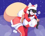  absolute_territory anthro bag bell big_breasts bikini black_hair blue_eyes blush blush_stickers bottomwear breasts canid canine canis christmas christmas_clothing clothed clothing collar curvy_figure domestic_dog eyebrow_through_hair eyebrows female fur gloves hair hair_over_eye half-closed_eyes handwear hi_res holding_object holidays hoodie huge_breasts jacket jingle_bell leaning leaning_forward legwear long_hair looking_at_viewer maggie_applebee mammal miniskirt narrowed_eyes nipple_outline one_eye_obstructed open_clothing open_jacket open_mouth open_topwear simple_background skirt snow solo sparkles swimwear theycallhimcake thigh_highs topwear translucent translucent_hair white_body white_fur wide_hips 