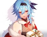  1girl bare_shoulders blue_hair bow bowtie box breasts christmas cleavage earrings eula_(genshin_impact) eyelashes fur_trim genshin_impact gift gift_box hair_between_eyes hair_ornament hairband jesse_(pixiv34586727) jewelry lips looking_at_viewer off_shoulder red_bow simple_background single_earring smile white_background 
