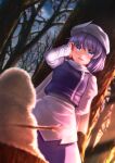  1girl adjusting_hair against_tree bangs bare_tree blue_eyes blush commentary_request dutch_angle hair_behind_ear hat highres letty_whiterock light_smile luke_(kyeftss) medium_hair night outdoors parted_lips purple_hair sidelighting snowman solo touhou tree 