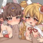  1boy 2girls animal_ears bangs basukechi blonde_hair blush breasts brown_eyes brown_hair eyebrows_visible_through_hair fellatio ffm_threesome granblue_fantasy grey_background group_sex haaselia harvin heart heart-shaped_pupils looking_at_viewer mahira_(granblue_fantasy) multiple_girls nipples open_mouth oral penis pointy_ears pov simple_background small_breasts symbol-shaped_pupils threesome uncensored 