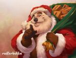  2021 anthro belly black_nose brown_body brown_fur christmas christmas_clothing christmas_headwear clothing eyes_closed fur hat headgear headwear hi_res holidays humanoid_hands lutrine male mammal mustelid overweight overweight_male rudderbutts santa_claus santa_hat skrawl solo 
