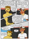  anthro backwards_baseball_cap backwards_hat baseball_cap beard bovid bovine cattle chastity_cage chastity_device clothed clothing comic dialogue duo english_text facial_hair felid fully_clothed fuze hat headgear headwear hi_res lion locker_room male mammal pantherine roy_(fuze) shirt t-shirt texnatsu text topless topwear ty_conrad 