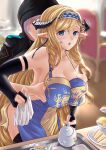  1girl 1other absurdres apron arknights arm_strap bangs bare_shoulders black_gloves black_jacket black_legwear blonde_hair blue_apron blue_eyes blue_hairband blurry blurry_background braid breast_grab breasts chair chinese_commentary cleavage commentary_request cowboy_shot cup doctor_(arknights) elbow_gloves fingerless_gloves food gloves grabbing grabbing_from_behind hair_between_eyes hairband highres holding holding_teapot hood hooded_jacket horns indoors jacket kingdom_of_victoria_logo linjinghai long_hair looking_at_viewer naked_apron parted_lips pointy_ears saileach_(arknights) sandwich silver_hair standing teacup teapot thighhighs twin_braids very_long_hair 