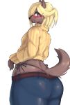  anthro belt big_butt biped black_nose blonde_hair blue_bottomwear blue_clothing blue_pants bottomwear brown_body brown_ears brown_fur brown_tail butt butt_pose canid canine canis clothed clothing cute_fangs denim denim_clothing digital_media_(artwork) domestic_dog eyewear fangs fingers fluffy fluffy_tail fully_clothed fur girly glasses glistening glistening_body glistening_bottomwear glistening_butt glistening_clothing glistening_fur hair hi_res humanoid_hands jeans kemono kemosara looking_at_viewer looking_back looking_back_at_viewer male mammal monotone_body monotone_ears monotone_fur monotone_hair monotone_tail open_mouth open_smile panties pants pink_eyes portrait pose pupils rear_view side-tie_panties simple_background smile snout solo standing sweater thick_thighs three-quarter_portrait three-quarter_view topwear underwear white_background white_pupils wide_hips yellow_clothing yellow_sweater yellow_topwear 