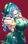  1girl absurdres apron bell blue_hair blue_nails breasts cake christmas closed_mouth dress eyebrows_visible_through_hair fingernails food fruit green_apron green_headwear hair_between_eyes haniyasushin_keiki head_scarf highres holding holding_food large_breasts long_hair long_sleeves magatama magatama_necklace nail_polish puffy_short_sleeves puffy_sleeves pun raptor7 red_background red_eyes short_sleeves simple_background smile solo strawberry touhou yellow_dress 