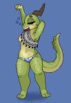  anthro areola barefoot blue_background blush breasts clothing eyes_closed feet female green_body green_scales kobold nipples non-mammal_breasts open_mouth panties pink_areola pink_nipples scales scalie simple_background solo squablodecomplash standing stretching topwear underwear yawn 