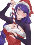  1girl artist_name bbykartal braid braided_ponytail breasts candy candy_cane closed_mouth eyebrows_visible_through_hair food genshin_impact hat highres holding holding_food human_scabbard large_breasts mole mole_under_eye purple_eyes purple_hair purple_nails raiden_shogun santa_costume santa_hat solo white_background 
