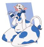  2021 anthro bent_over big_butt blue_body blue_eyes blue_fur blue_hooves bovid bovine breasts brown_horn butt cattle featureless_breasts female flat_chested flowerpax fur hair holstein_friesian_cattle hooves horn huge_butt hyper_hips lactaid lactaid_cow looking_at_viewer mammal mascot nude open_mouth overweight raised_tail smile solo thick_thighs white_body white_fur white_hair wide_hips 