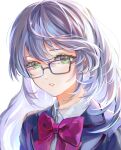  1girl bangs blue_jacket bow bowtie collared_shirt floating_hair glasses green_eyes hair_between_eyes highres jacket long_hair looking_at_viewer original parted_lips portrait purple-framed_eyewear red_bow red_bowtie school_uniform shirt silver_hair simple_background solo straight_hair tomato_(kiiroitomato33) white_background white_shirt wing_collar 