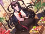  1girl ahoge bento black_hair earrings epic_seven flower food food_art hair_ornament hanbok hanh_chu_(r_a) highres jewelry korean_clothes long_hair new_year open_mouth pantyhose paper_wall petals purple_eyes purple_nails red_flower solo specter_tenebria_(dark_tyrant)_(epic_seven) specter_tenebria_(epic_seven) tako-san_wiener tenebria_(epic_seven) wisteria 