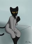  anthro baggy_clothing bare_legs black black_body black_fur bottomless clothed clothing domestic_cat felid feline felis female fur glare google google_doodle grey_clothing grey_shirt grey_topwear hand_between_legs hi_res how-about leaning leaning_forward looking_at_viewer magic_cat_academy mammal momo_(google) shirt simple_background solo topwear yellow_eyes yellow_sclera 