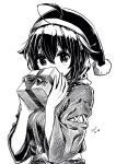  1girl alternate_costume box dated gift gouta_(nagishiro6624) greyscale hair_flaps hat highres kantai_collection long_hair monochrome remodel_(kantai_collection) santa_hat shigure_(kancolle) simple_background solo upper_body 