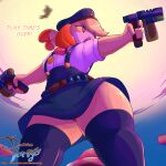  1:1 2019 animal_crossing anthro canid canine canis clothed clothing damianvertigo domestic_dog female gun hi_res holding_gun holding_object holding_weapon isabelle_(animal_crossing) legwear low-angle_view mammal nintendo panties ranged_weapon solo text thick_thighs thigh_highs underwear url video_games weapon 