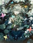  1girl artist_name black_gloves blue_butterfly blurry blurry_foreground bug butterfly commentary flower gloves green_eyes green_hair half_gloves hatsune_miku highres holding holding_flower liita_(dusk_snow) lily_pad long_hair looking_at_viewer miku_with_you_(vocaloid) orange_butterfly outdoors partially_submerged pink_butterfly red_butterfly smile solo symbol-only_commentary twintails vocaloid white_flower 