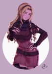  1girl armor belt benoit_picard blonde_hair blue_eyes breasts constance_von_nuvelle cowboy_shot curly_hair dress fire_emblem fire_emblem:_three_houses hairband hand_on_hip hand_on_own_chest highres leather_armor long_hair looking_at_viewer medium_breasts red_dress short_dress smile solo 