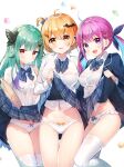  3girls :3 :d alternate_costume ayamy bangs bat_hair_ornament blonde_hair blue_hair blush bow bow_panties bowtie bra braid butterfly_hair_ornament clothes_lift commentary_request dot_mouth gradient_hair green_hair hair_between_eyes hair_ornament hairclip heart heart_in_eye highres hololive lifted_by_self long_hair looking_at_viewer minato_aqua multicolored_hair multiple_girls navel panties purple_eyes purple_hair red_eyes school_uniform see-through shirt short_hair simple_background skirt skirt_lift smile symbol_in_eye thigh_gap thighhighs twintails two-tone_hair underwear uruha_rushia very_long_hair virtual_youtuber white_background white_bra white_legwear white_panties white_shirt yellow_eyes yozora_mel 