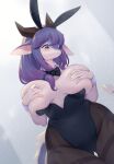  2021 animated anthro big_breasts blush bow_tie breasts butt_from_the_front clothed clothing covering covering_breasts digital_media_(artwork) dragon evenesko.d.fox_(artist) fake_ears fake_rabbit_ears female fur hair horn huge_breasts kemono lanya_(shian) long_hair purple_hair shaded solo whooo-ya 