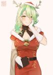  1girl absurdres bell blush braid breasts ceres_fauna christmas cleavage earrings flower gloves green_hair hair_flower hair_ornament hand_on_own_face highres hololive hololive_english jewelry large_breasts looking_at_viewer mchiefy medium_hair orange_eyes simple_background smile solo 
