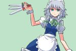  1girl apron blue_dress blue_eyes blush braid dress frilled_apron frilled_skirt frills green_background green_neckwear green_ribbon hair_ribbon highres izayoi_sakuya knife maid mizukami_satoshi neck_ribbon puffy_short_sleeves puffy_sleeves ribbon shirt short_sleeves silver_hair simple_background skirt solo throwing_knife touhou twin_braids waist_apron weapon white_shirt 