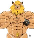  &lt;3 abs anthro bandai_namco biceps claws digimon digimon_(species) ear_piercing felid feline genitals hi_res leomon lion looking_at_viewer male mammal muscular muscular_anthro muscular_male pantherine pecs penis piercing scar smile solo thymilph vein veiny_penis 