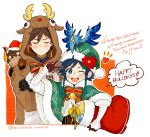  2boys androgynous animal_costume azhdaha_(genshin_impact) bangs bell black_hair blue_hair blush bow braid brown_hair christmas_stocking closed_eyes closed_mouth coat commentary_request crossed_arms dvalin_(genshin_impact) earrings english_text flower frilled_sleeves frills fur-trimmed_coat fur-trimmed_headwear fur_trim genshin_impact gradient_hair green_eyes hair_between_eyes hat hat_flower heart highres jewelry long_sleeves looking_at_viewer male_focus misoshiru_umai4 multicolored_hair multiple_boys one_eye_closed open_mouth orange_hair red_flower reindeer_costume santa_costume santa_hat short_hair_with_long_locks side_braids sidelocks simple_background single_earring smile speech_bubble sweatdrop tassel tassel_earrings twin_braids twitter_username v venti_(genshin_impact) white_background zhongli_(genshin_impact) 
