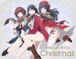  3girls aketa_mikoto bikini black_bikini boots christmas coat frilled_bikini frilled_boots frills fringe_trim hat hat_ribbon idolmaster idolmaster_shiny_colors kazano_hiori knee_boots mayuzumi_fuyuko multiple_girls ribbon scarf swimsuit taku1122 thighhighs watch wristwatch 