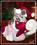  animal_genitalia animal_penis balls blush canid canine canine_penis clothing feral festive genitals hi_res knot legwear male mammal nintendo penis pixelyteskunk pok&eacute;mon pok&eacute;mon_(species) rockruff sitting solo stockings video_games 