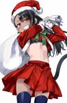  774_(nanashi) asymmetrical_bangs bangs black_hair black_legwear breasts brown_eyes cat_tail christmas christmas_tree commentary_request dark-skinned_female dark_skin earclip gift gloves grin hair_ornament hairclip hat highres ijiranaide_nagatoro-san long_hair looking_at_viewer midriff nagatoro_hayase official_art one-piece_tan pleated_skirt red_headwear red_skirt sack santa_costume santa_hat skirt small_breasts smile tail tan tanlines thighhighs white_gloves 