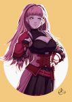  1girl benoit_picard breasts cleavage cleavage_cutout clothing_cutout corset covered_collarbone cowboy_shot earrings fire_emblem fire_emblem:_three_houses gloves highres hilda_valentine_goneril jewelry large_breasts long_hair looking_at_viewer pink_eyes pink_hair red_gloves solo underbust 