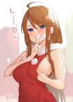  1girl ahoge binsen blue_eyes blush breasts brown_hair christmas commentary_request dress eyebrows_visible_through_hair highres idolmaster idolmaster_million_live! long_hair looking_at_viewer medium_breasts red_dress smile solo tokoro_megumi 