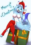  absurd_res anthro areola black_nose blue_body blue_eyes blue_fur blue_hair breasts canid canine canis christmas christmas_clothing christmas_headwear clothing cocoline_(artist) countershading digital_media_(artwork) ear_tuft english_text female full-length_portrait fur genitals gift gloves hair handwear hat headgear headwear hi_res hindpaw holidays legwear looking_at_viewer mammal merry_christmas mira_(riku-wyser-chronos) nipples paws pink_areola pink_nipples pink_pussy portrait pussy red_clothing red_gloves red_handwear santa_hat shaded sitting soft_shading solo text tuft white_body white_countershading white_fur wolf 