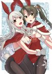  2girls akagi_kurage animal_ears bangs bell black_legwear blush border bow breasts capelet christmas cleavage cowboy_shot eyebrows_visible_through_hair fake_animal_ears fur-trimmed_capelet fur_trim green_eyes grey_hair hair_ribbon highres jingle_bell kantai_collection long_hair looking_at_viewer multiple_girls open_mouth pantyhose rabbit_ears red_capelet red_eyes ribbon santa_costume shoukaku_(kancolle) simple_background snowflake_background snowflakes twintails white_border white_hair white_ribbon zuikaku_(kancolle) 