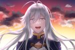  1girl 86_-eightysix- aken antenna_hair blurry blurry_background cloud crying crying_with_eyes_open dusk floating_hair gradient_sky grey_eyes long_hair looking_at_viewer outdoors portrait silver_hair sky solo tears torn_clothes twitter_username vladilena_millize 