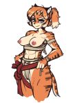  2021 absurd_res anthro areola bandage biped breasts butt clothed clothing eyebrows eyelashes felid female fur grin hair hi_res looking_at_viewer mammal mostly_nude nipples orange_body orange_fur pantherine ponytail reccand simple_background smile solo standing striped_body stripes thick_thighs tiger wide_hips 