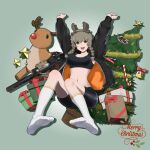  1girl absurdres amane_suzuha arms_up assault_rifle baeming bangs braid breasts brown_hair christmas_tree gift green_eyes gun highres large_breasts looking_at_viewer merry_christmas midriff reindeer rifle sitting smile socks solo steins;gate twintails weapon 