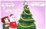  anthro asriel_dreemurr bovid canid canine caprine chara_(undertale) christmas christmas_tree clothed clothing felid feline fur goat hair holidays human mammal missholoska open_mouth ornament plant simple_background tem temmie_(undertale) text topwear tree undertale undertale_(series) video_games white_body 