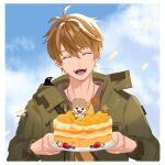  1boy :d absurdres bangs blue_sky brown_hair cake closed_eyes cloud cloudy_sky food fruit green_jacket highres holding holding_plate jacket jewelry louwina luke_pearce_(tears_of_themis) necklace open_clothes open_jacket open_mouth plate shirt short_hair sky smile solo strawberry tears_of_themis teeth yellow_shirt 