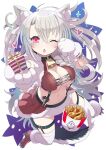  1girl ;o ahoge animal_ears animal_hands azur_lane bangs bell black_collar blush braid breasts capelet cleavage collar commentary_request eyebrows_visible_through_hair fried_chicken full_body fur-trimmed_footwear fur_capelet gloves hair_between_eyes heart high_heels kfc krono_tokage large_breasts leg_garter logo_parody long_hair looking_at_viewer manjuu_(azur_lane) miniskirt navel neck_bell one_eye_closed open_mouth paw_gloves pleated_skirt red_eyes red_footwear short_eyebrows side_braid sidelocks signature silver_hair skindentation skirt solo sparkle stomach stomach_tattoo suspenders tail tattoo thick_eyebrows thighhighs underboob white_background white_gloves white_legwear wolf_ears wolf_girl wolf_tail yuudachi_(azur_lane) yuudachi_(woofy_floofy_christmas_night)_(azur_lane) 