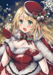  1girl alternate_costume atago_(kancolle) beret blonde_hair breasts cape cleavage dress fur-trimmed_cape fur-trimmed_dress fur-trimmed_gloves fur_trim gloves green_eyes hat hatomaru_(hatomaru56) highres kantai_collection large_breasts long_hair looking_at_viewer red_cape red_dress red_gloves red_headwear smile snowflakes solo upper_body 