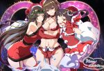  3girls alternate_costume bikini boots brown_eyes brown_hair christmas double_bun elbow_gloves fur-trimmed_boots fur-trimmed_headwear fur_trim garter_straps gloves hachimaki hair_intakes hat headband holding holding_sack jintsuu_(kancolle) kantai_collection long_hair micro_shorts moroheiya_(moroheiya-works) multiple_girls naka_(kancolle) navel one_eye_closed red_footwear red_gloves red_headwear red_legwear red_shorts sack santa_bikini santa_costume santa_dress santa_hat sendai_(kancolle) shorts swimsuit thighhighs two_side_up white_legwear 