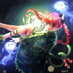  1girl absurdres animal_ears artist_name black_bow black_footwear bow braid cat_ears cat_tail dark_background dress extra_ears fetal_position ghost green_dress highres hitodama kaenbyou_rin leg_ribbon legs mary_janes mikan_(user_zsyg8485) multiple_tails pointy_ears puffy_sleeves red_eyes red_hair ribbon shiny shiny_hair shoes skull slit_pupils solo tail tail_bow tail_ornament touhou twin_braids two_tails 