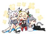  3girls :3 ;) =_= animal_ears bangs bare_shoulders black_jacket black_legwear black_vest blonde_hair blue_eyes blue_hair blue_necktie blush blush_stickers boots breasts brown_footwear brown_shirt capelet cat_ears cat_girl cat_tail chibi closed_eyes closed_mouth collared_shirt commentary_request copyright_request crop_top drooling eyebrows_visible_through_hair fang floral_background fur-trimmed_capelet fur-trimmed_skirt fur_trim grey_hair grey_shirt grey_sweater horns jacket knee_up knees_up kutata large_breasts mouth_drool multicolored_hair multiple_girls necktie one_eye_closed open_mouth pantyhose red_capelet red_footwear red_hair shirt skirt sleeping sleeveless sleeveless_sweater smile socks streaked_hair sweater tail thighhighs thighhighs_under_boots vest virtual_youtuber white_background white_legwear zouri zzz 