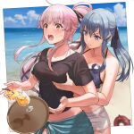  2girls bangs beach bikini black_shirt blue_bikini blue_eyes blue_hair blunt_bangs blush border breast_grab breasts cleavage closed_mouth cloud commentary_request cup day drinking_straw dropping enemy_lifebuoy_(kancolle) gotland_(kancolle) grabbing grabbing_from_behind hair_between_eyes hair_ribbon halterneck kantai_collection large_breasts long_hair mole mole_under_eye multiple_girls open_mouth outdoors outside_border pink_hair ponytail revision ribbon sarong shirt short_sleeves shorts sidelocks sky surprised sweat swimsuit tantaka tray twitter_username white_border white_shorts yellow_eyes yura_(kancolle) 