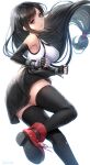  1girl absurdres artist_name ass bangs bare_shoulders black_gloves black_hair black_legwear black_skirt boots breasts clenched_hand commentary crop_top elbow_gloves eyebrows_visible_through_hair final_fantasy final_fantasy_vii final_fantasy_vii_remake fingerless_gloves gloves highres kudo_kunugi leg_up lips long_hair low-tied_long_hair medium_breasts miniskirt red_eyes revision shiny shiny_hair signature simple_background skirt sleeveless smile solo suspender_skirt suspenders thighhighs tifa_lockhart white_background zettai_ryouiki 